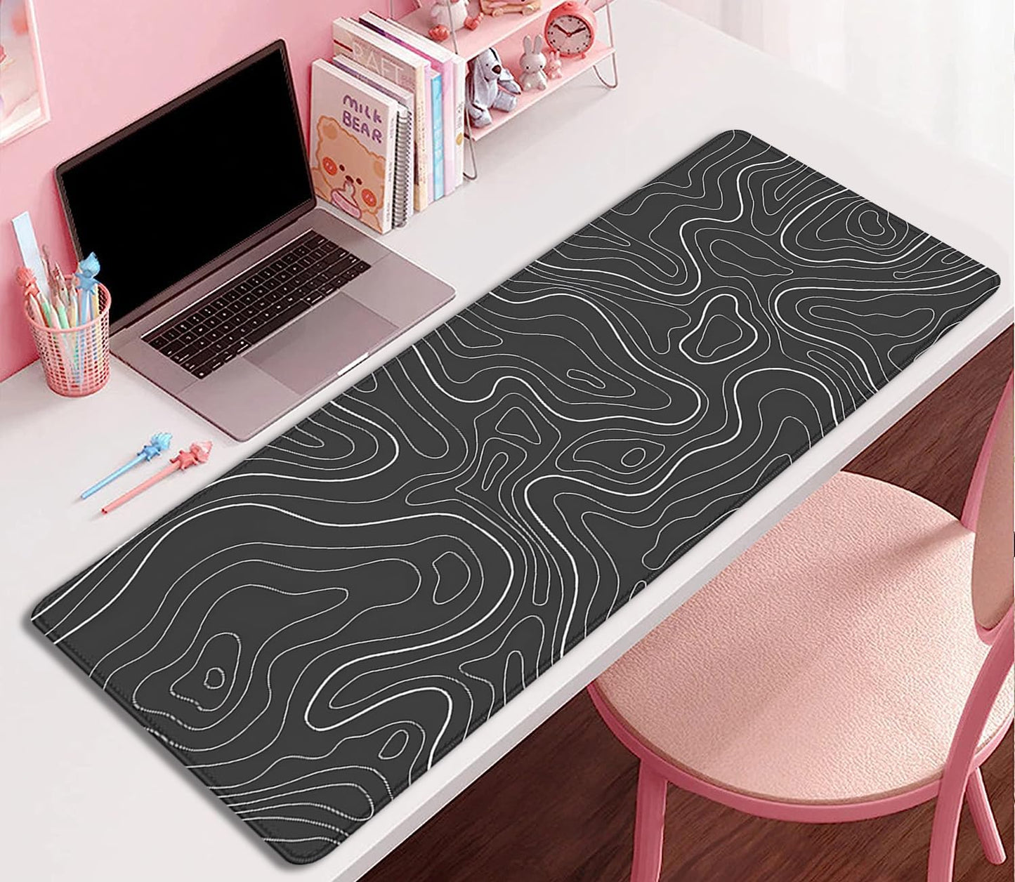 Black Topographic Mouse Pad,Gaming Desk Pad with Stitched Edges Non-Slip Rubber Base Extended XL