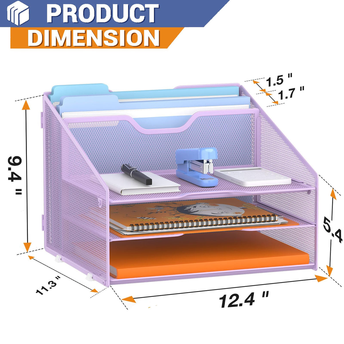 GAWERK Letter Tray Organizer, Mesh Desk File Organizer with 3 Paper Trays and 2 Vertical Upright
