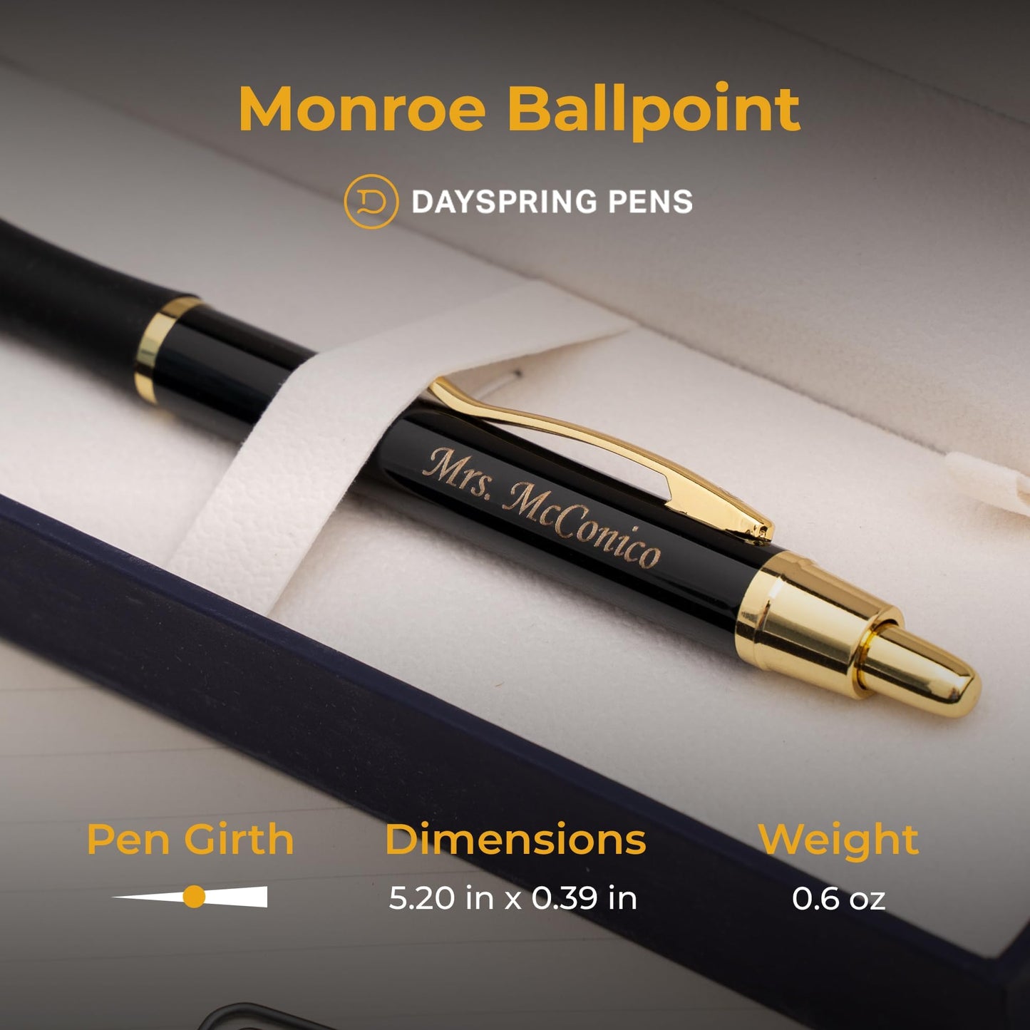 Dayspring Pens Monroe Personalized Ballpoint Pen in Black with Gold Trim