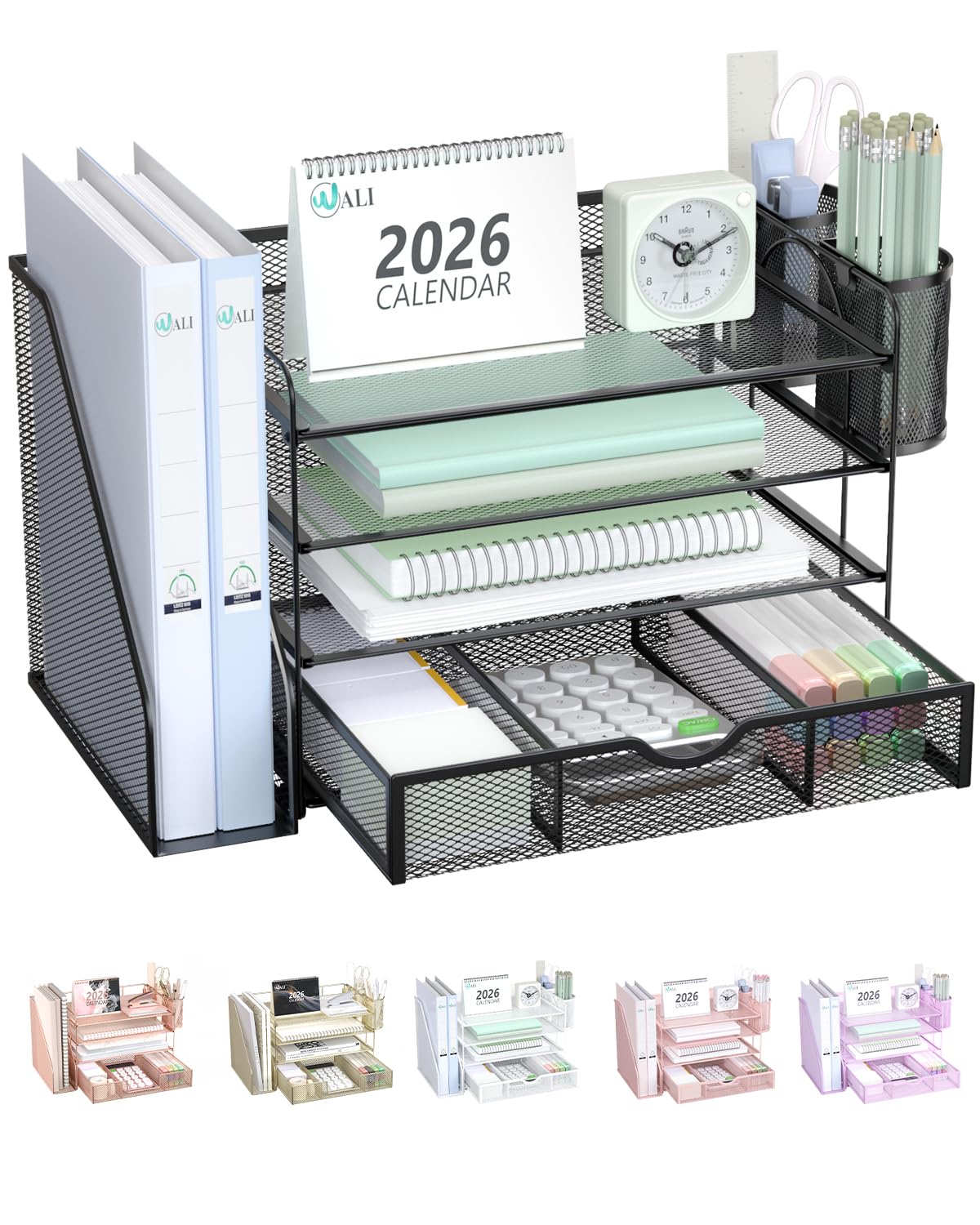 WALI Desk File Organizer, 4 Tier Desktop Paper Letter Tray Organizer with Drawer and 2 Pen Holders