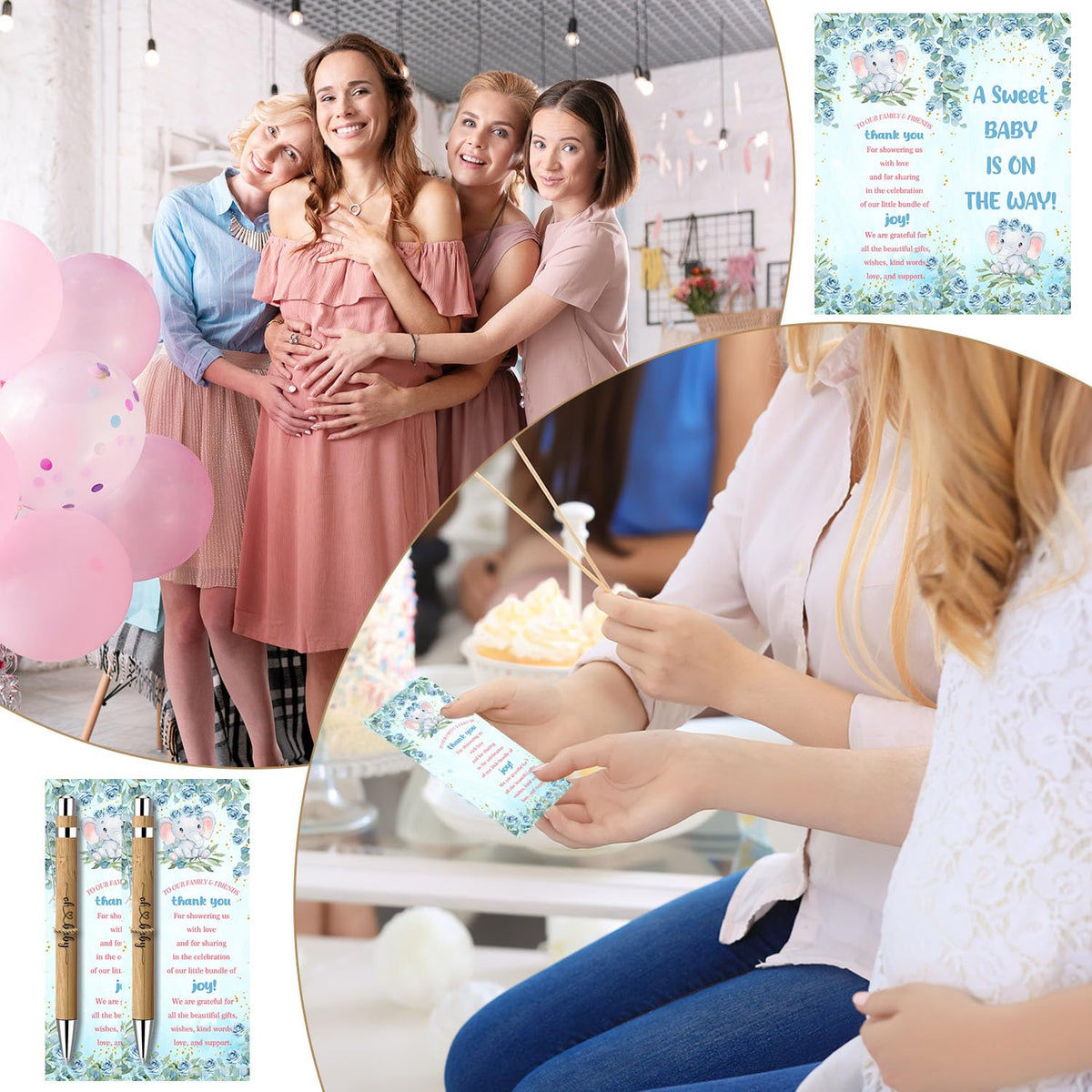 Baby Shower Favors for 30 Guests, Bamboo Pens Greeting Cards, Blue Elephant