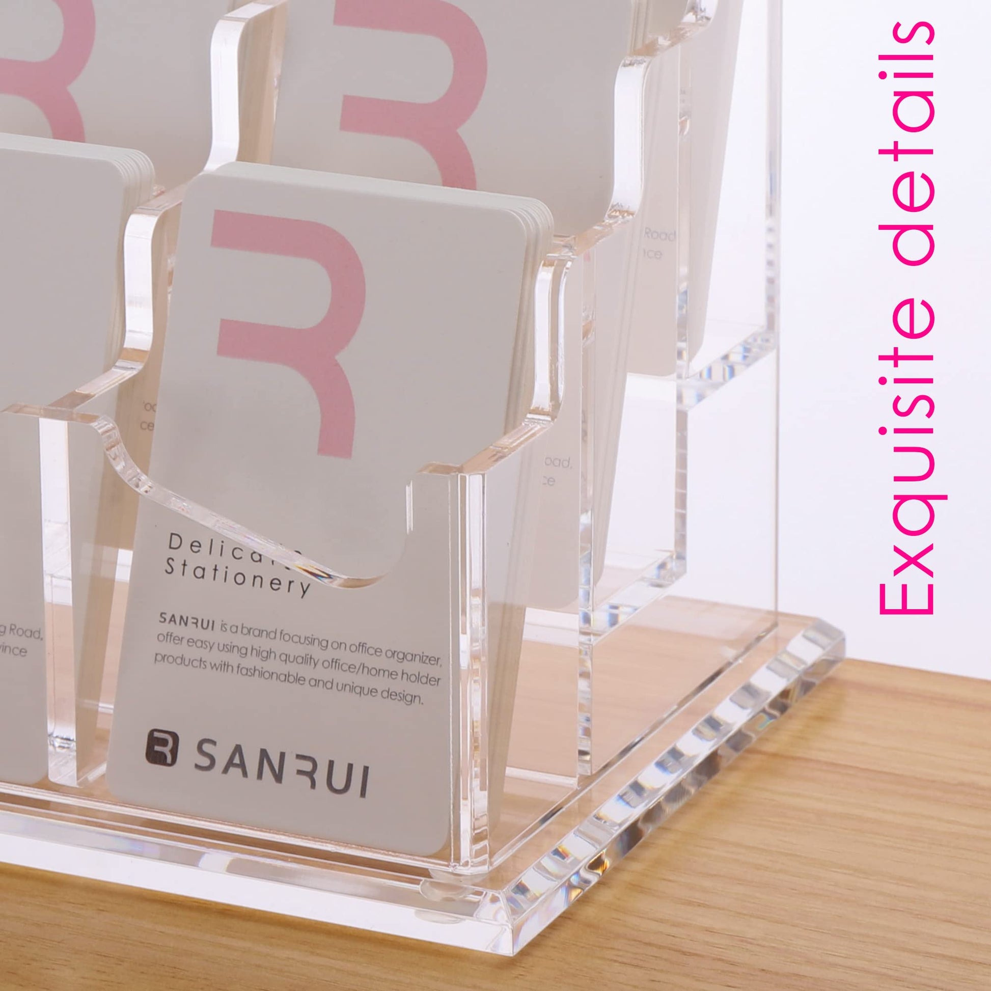 SANRUI Vertical Business Card Holder for Desk，Clear Acrylic Business Card Display Stand，6 Slots 3