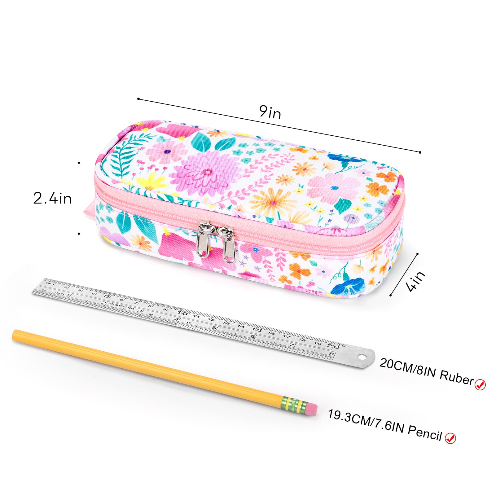 mibasies Girls Pencil Case for Kids, Multi-Slot Pencil Pouch, Flower Pink White