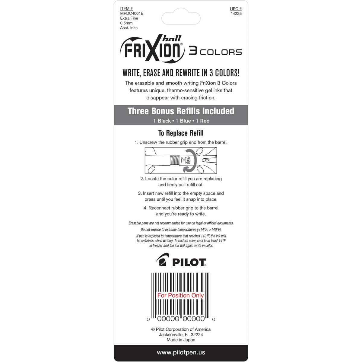 PILOT FriXion Ball 3, Black/Blue/Red Ink, Single Pen Plus 3 Refills