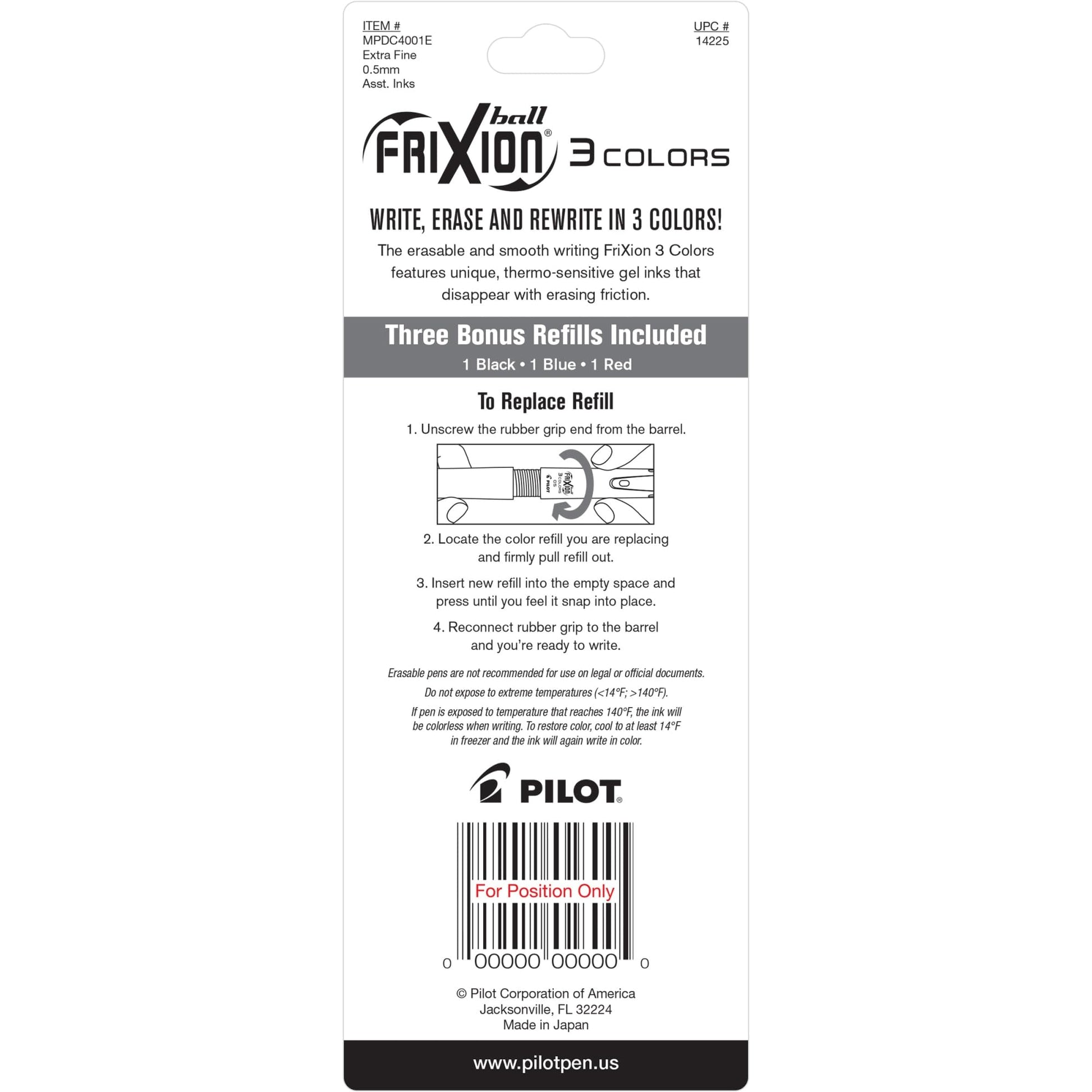 PILOT FriXion Ball 3, Black/Blue/Red Ink, Single Pen Plus 3 Refills