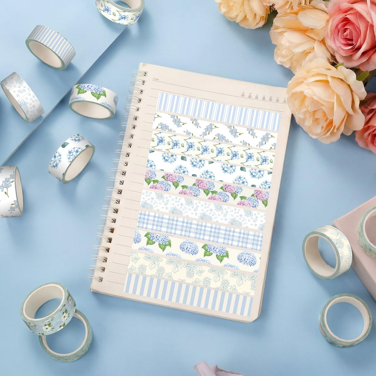 YooNotee 12 Rolls Floral Washi Tape Set,Light Blue,Hydrangea