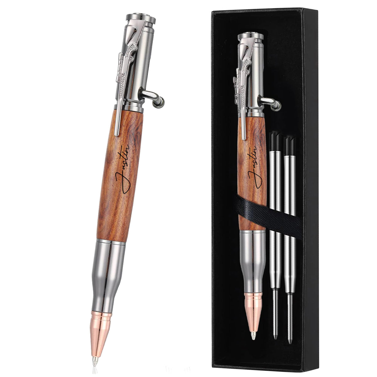 Blireana Personalized Bolt Action Pen, Free Engraved Wood Metal Ballpoint Pen with 2 Refills