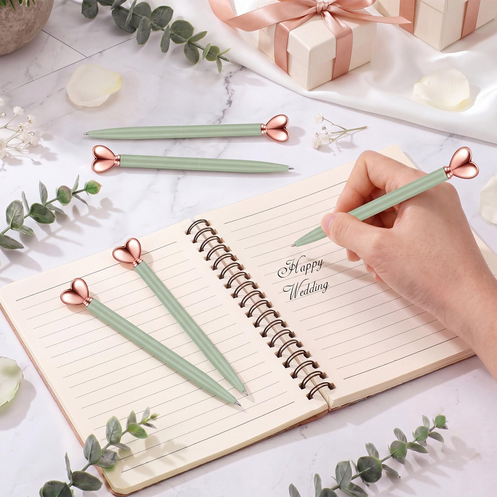 Thenshop Sage Green 24 Pcs Heart Shaped Pens Retractable Metal Cute Pens 1.0 mm Black Ink Ballpoint