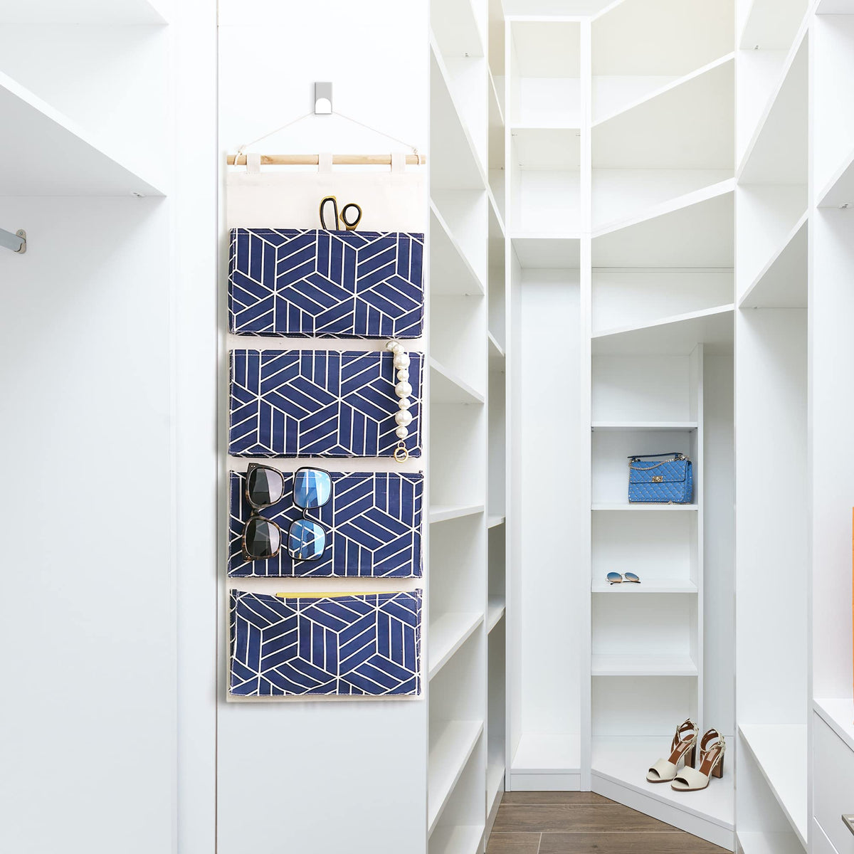 CROWNED 2Pcs Over Door Hanging Storage Bags Wall Mount Closet Organizer, 4 Big Pockets Linen Cotton