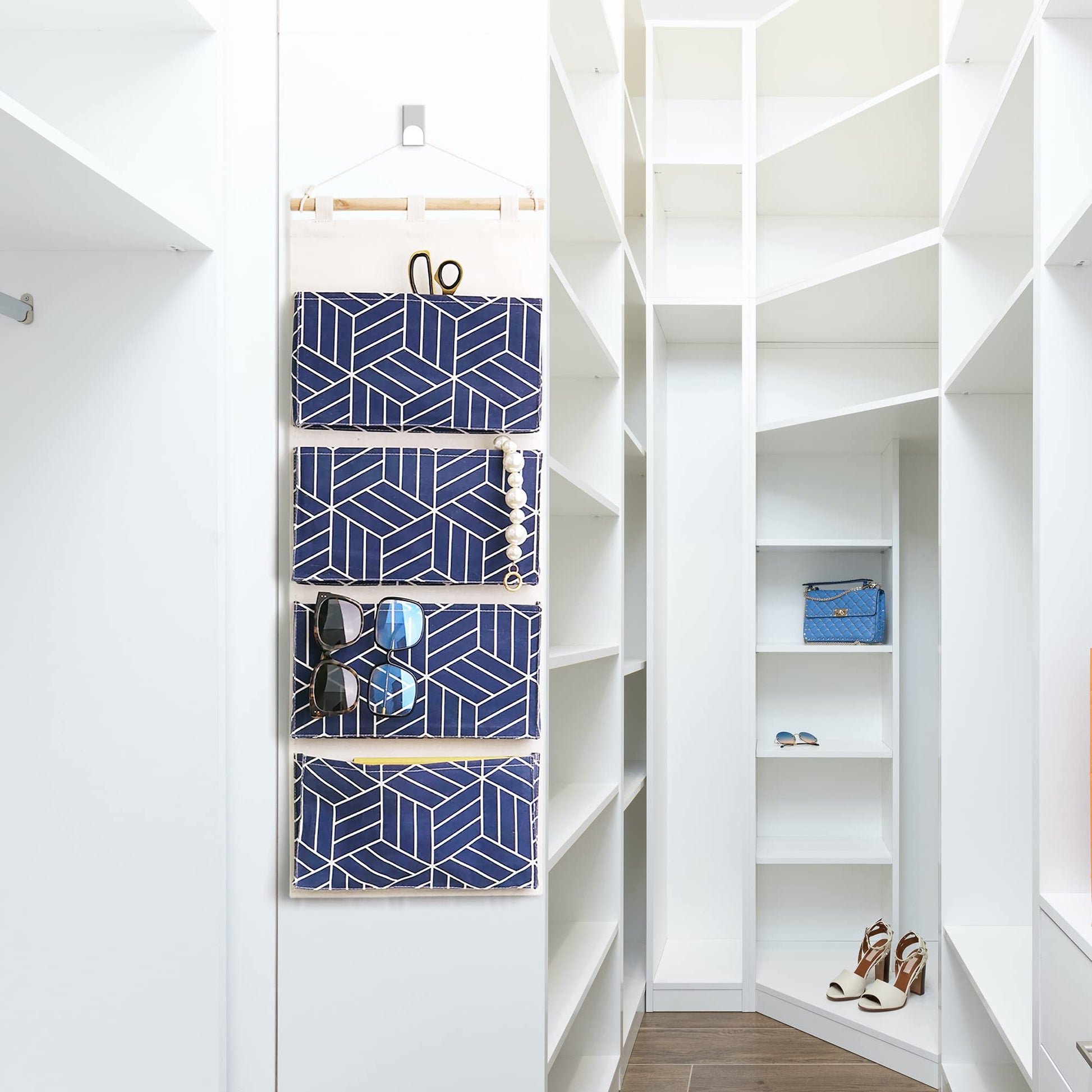 CROWNED 2Pcs Over Door Hanging Storage Bags Wall Mount Closet Organizer, 4 Big Pockets Linen Cotton