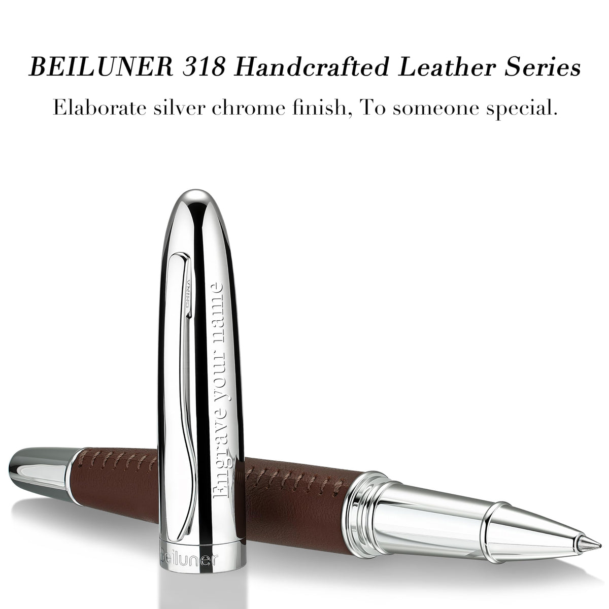 BEILUNER 318 Luxury Personalized Pen, Hand-Stitched Premium Brown Leather