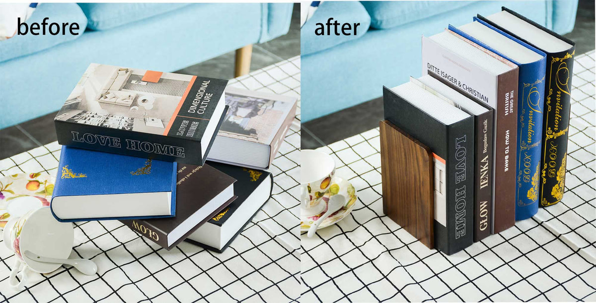 Large Bookend Hold Heavy Books-7x4x5in 3 Pack Non-Skid Wood Bookends Walnut