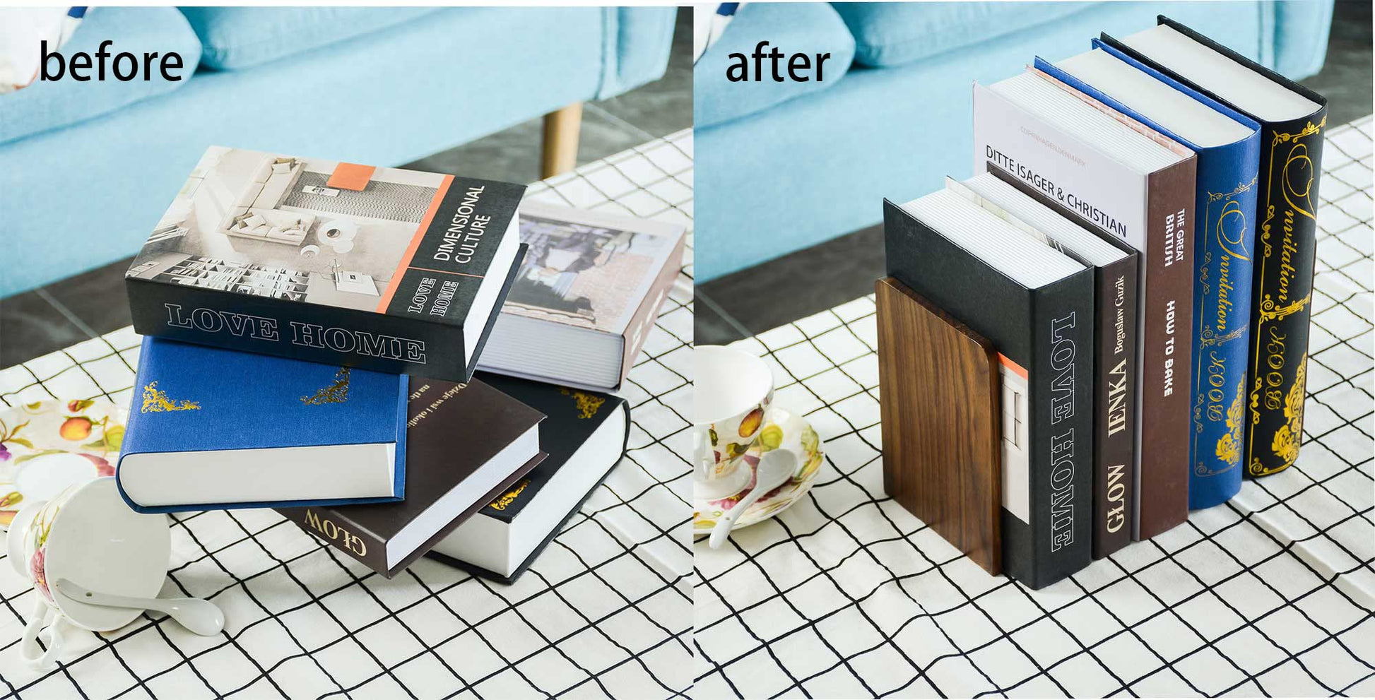 Large Bookend Hold Heavy Books-7x4x5in 3 Pack Non-Skid Wood Bookends Walnut