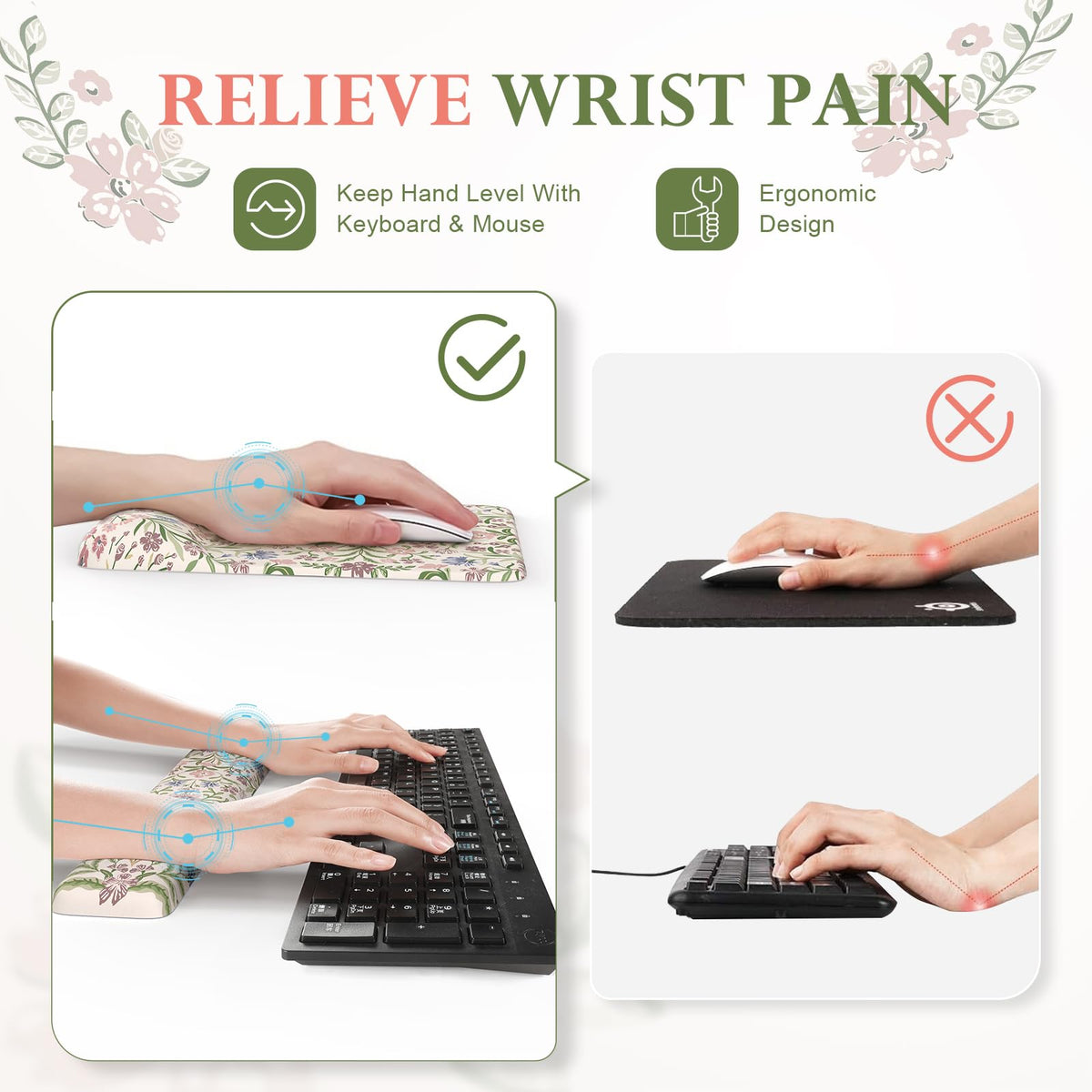 iLeadon Purple Desk Mat Set, Soft Long Floral Mouse Pad Wrist Support