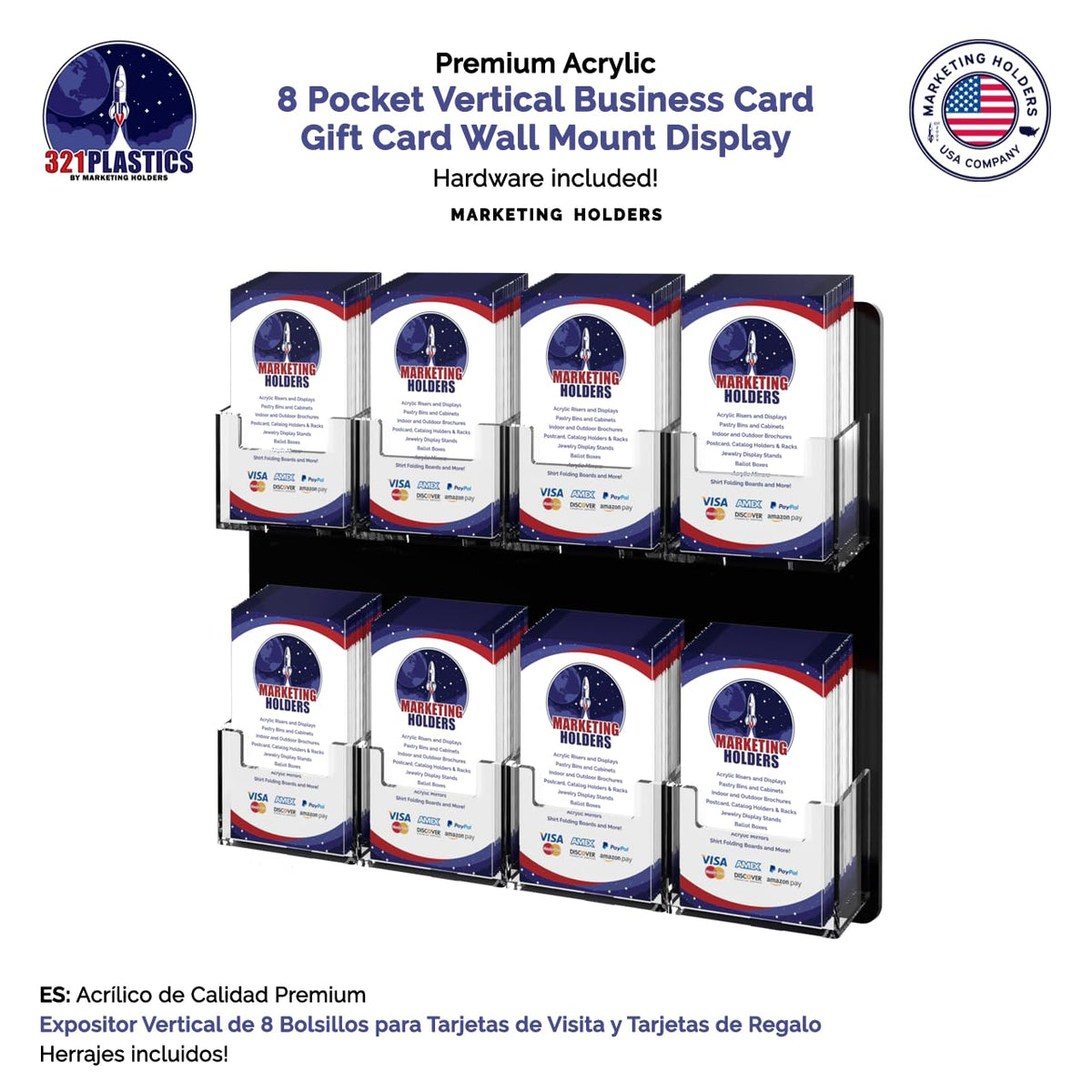Marketing Holders Wall Business Card Holder with Hanging Hardware for 2" x 3.5" Vertical Gift Cards