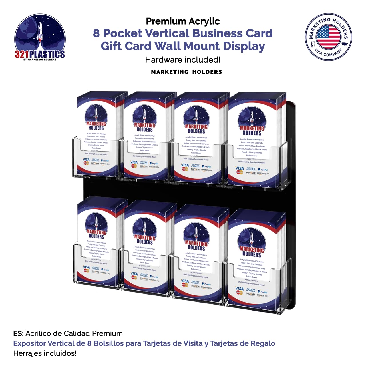 Marketing Holders Wall Business Card Holder with Hanging Hardware for 2" x 3.5" Vertical Gift Cards