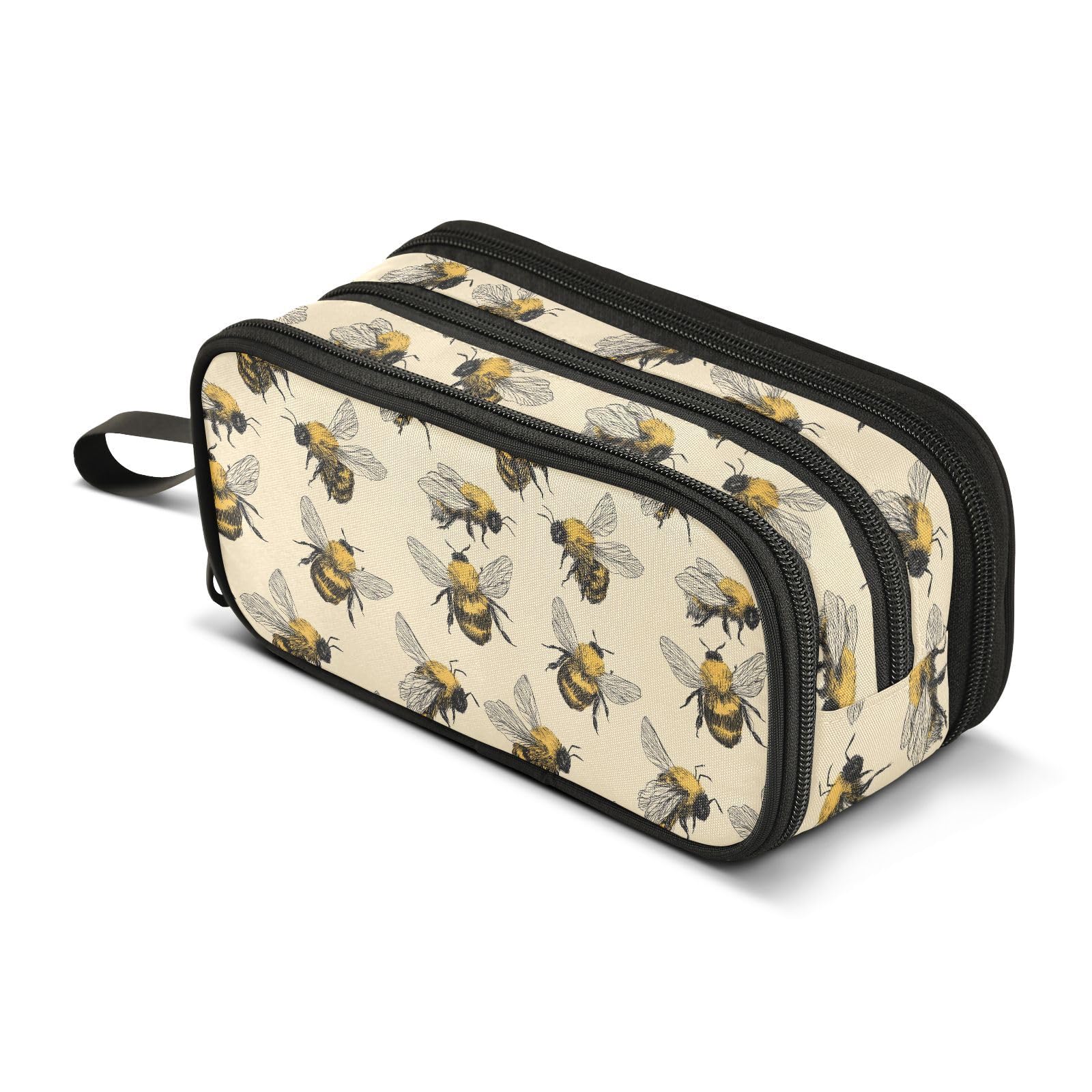 Fustylead Rural Honeybee Retro Floral Large Pencil Pen Case Stationery Bag, 3 Compartments School