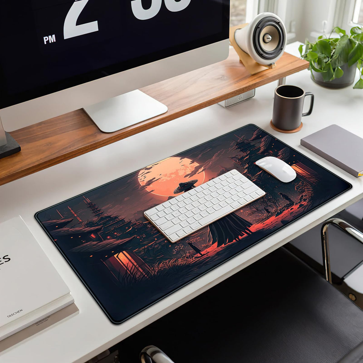 Japanese Landscape Desk Mat Post Moonlight Samurai Mouse Pad Large Dark Aesthetic Desk Pad Gaming