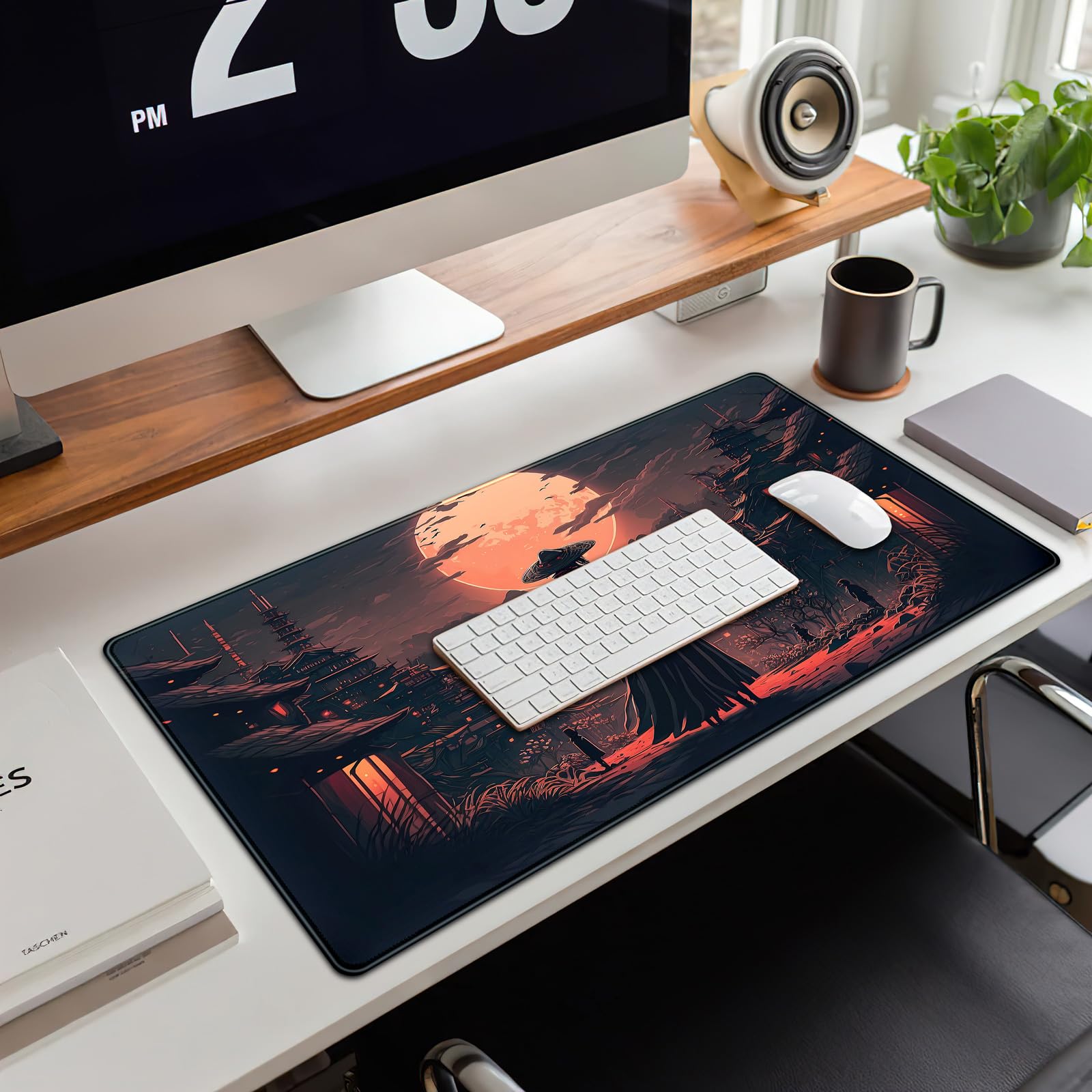 Japanese Landscape Desk Mat Post Moonlight Samurai Mouse Pad Large Dark Aesthetic Desk Pad Gaming
