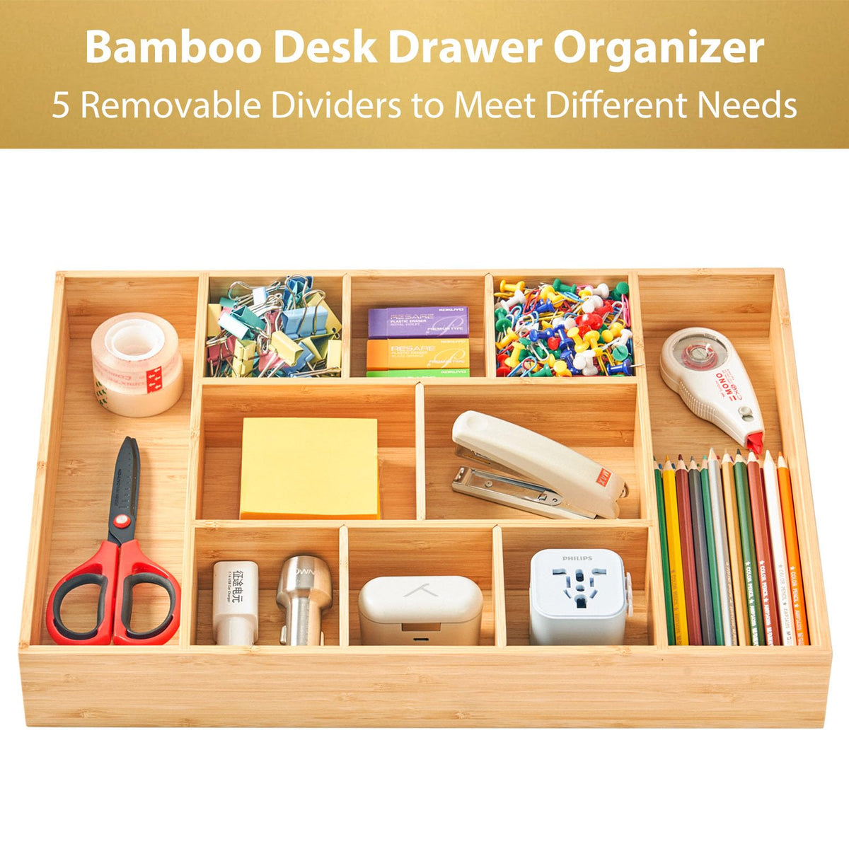 Umilife Extra Large Bamboo Desk Drawer Organizer, Wood Junk Organizer Tray with Adjustable