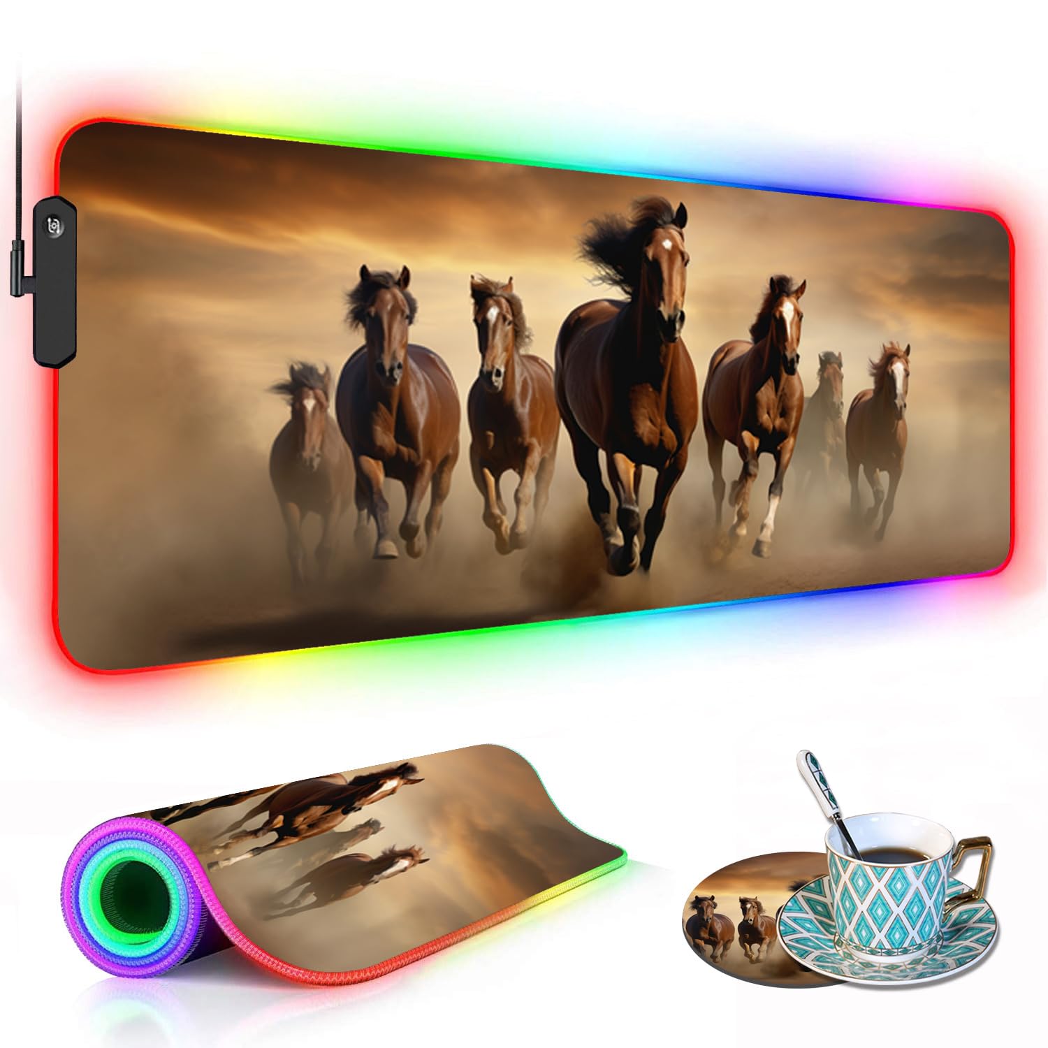 RGB Gaming Mouse Pad with Coffee Coaster, XXL Large Glowing LED Mousepad, Anti-Slip Rubber Base