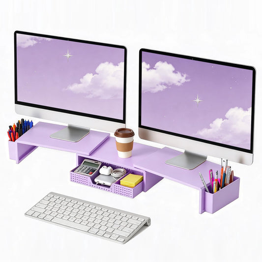 LEKETREE Dual Monitor Stand Riser with Drawer and 2 Pen Holders, Purple