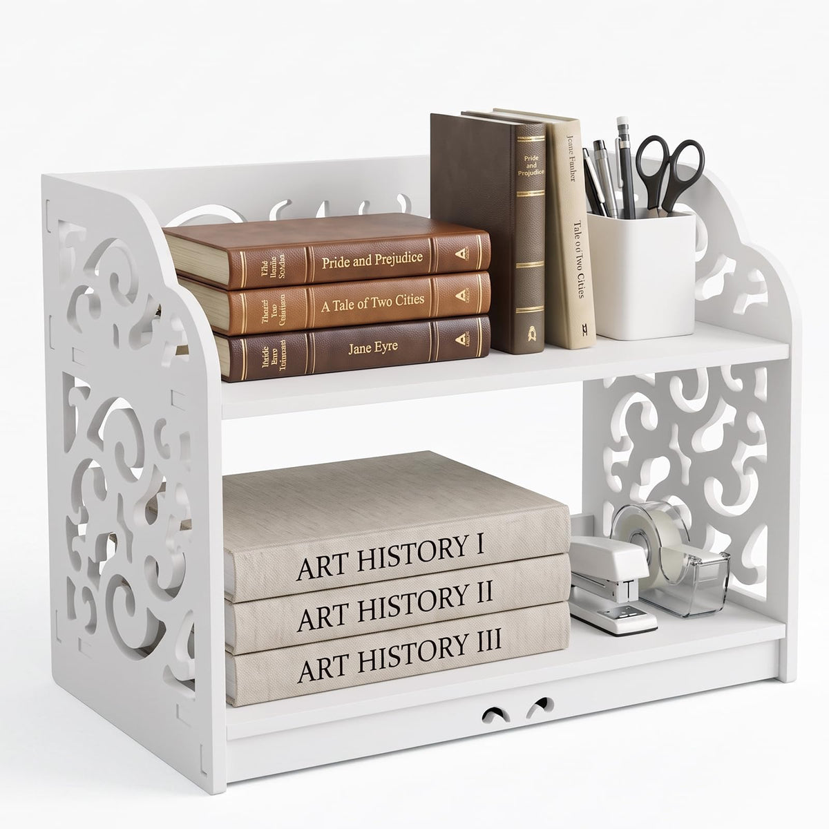 MyGift 2 Tier White Desktop Bookshelf Organizer with Scrollwork Design