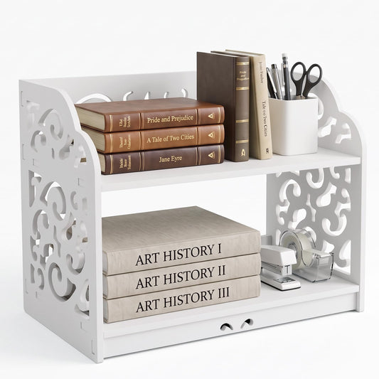 MyGift 2 Tier White Desktop Bookshelf Organizer with Scrollwork Design