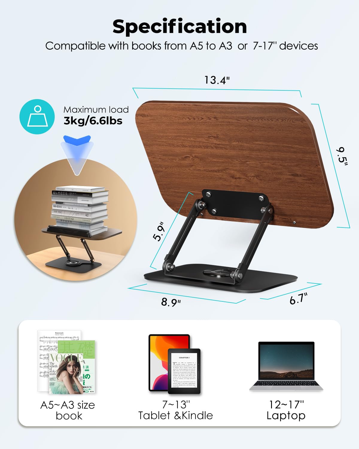 Viozon Book Stand for Reading,Book Holder, Height&Angle Adjustable, 360° Rotating Base, Foldable