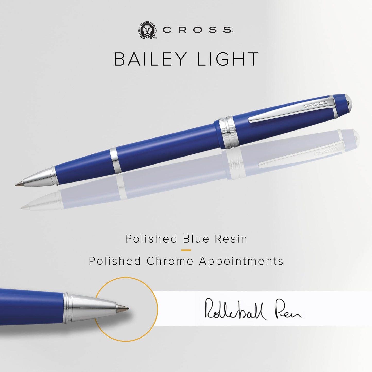 Cross Bailey Light Rollerball Pen, Polished Blue, Medium Point, Black Ink