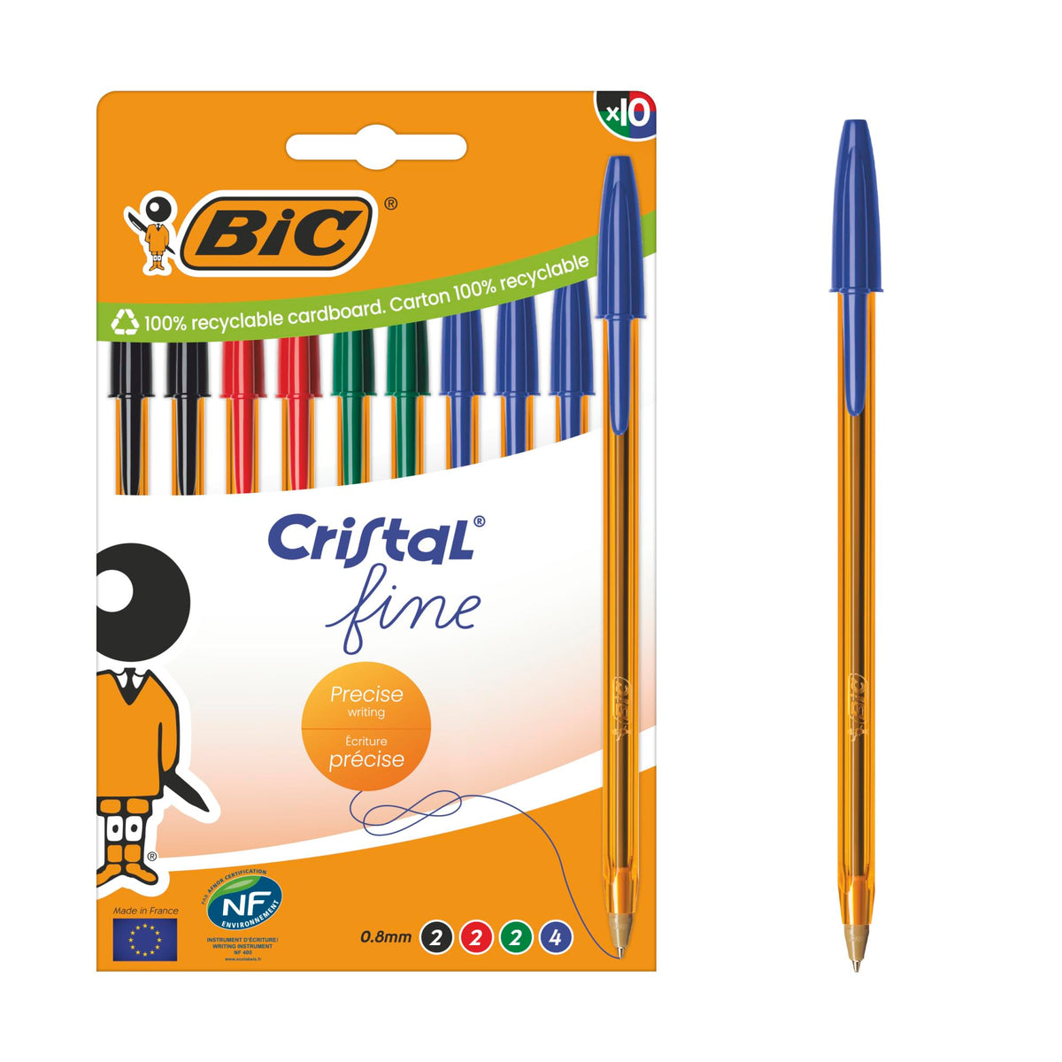 BIC Cristal Original Ballpoint Pens Fine Tip (8 mm) - Assorted Colours - Orange Barrel - Box of 10