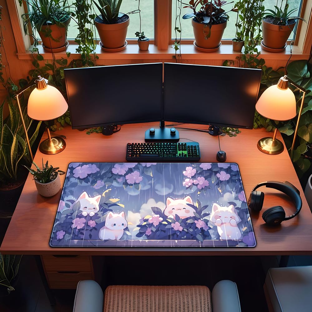 Kawaii Cat Desk Mat XXL Extended Purple Gaming Mouse Pad Large Mousepad
