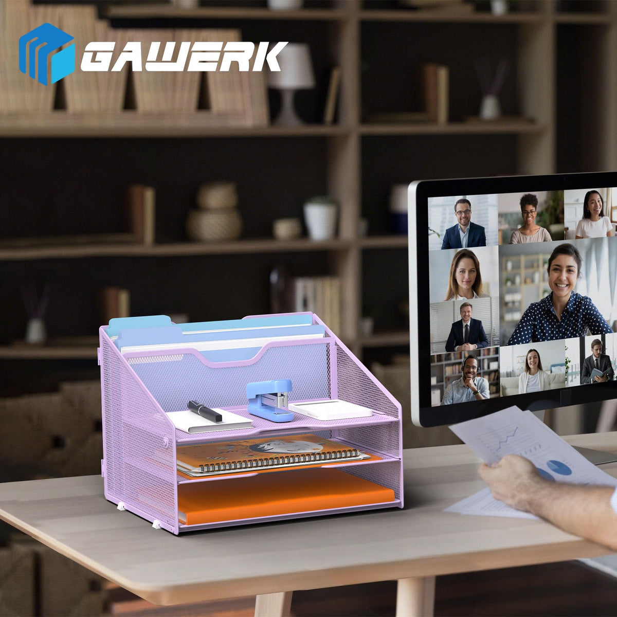 GAWERK Letter Tray Organizer, Mesh Desk File Organizer with 3 Paper Trays and 2 Vertical Upright