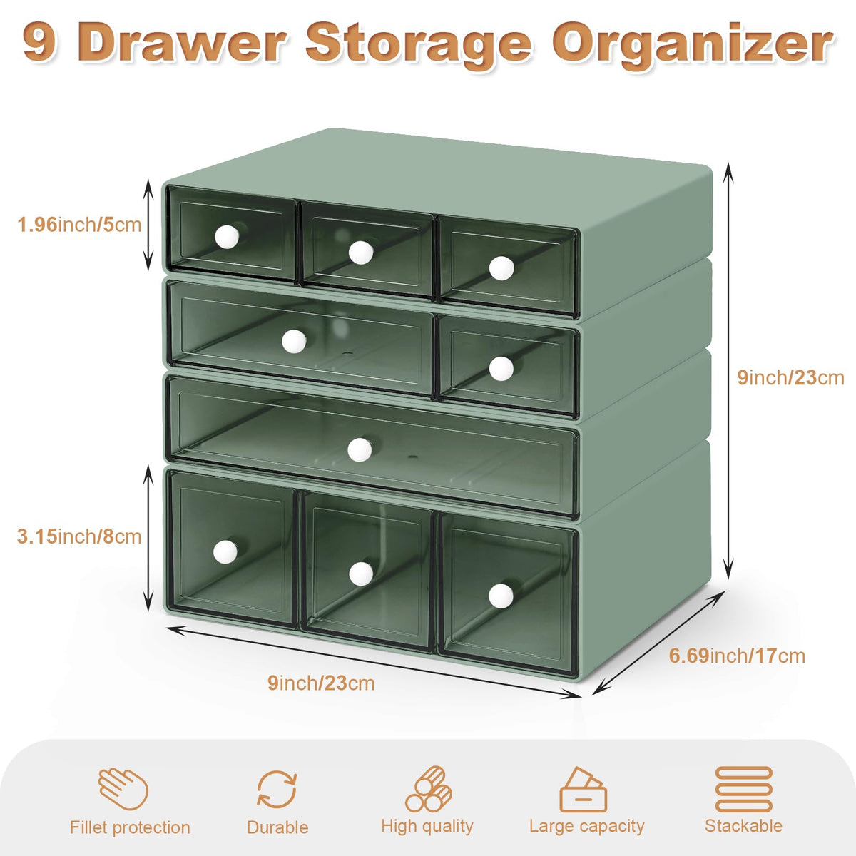 MYKASEN Desk Organizer with 9 Drawers, 4 Tier Plastic Stackable Storage Drawers for Desk Storage