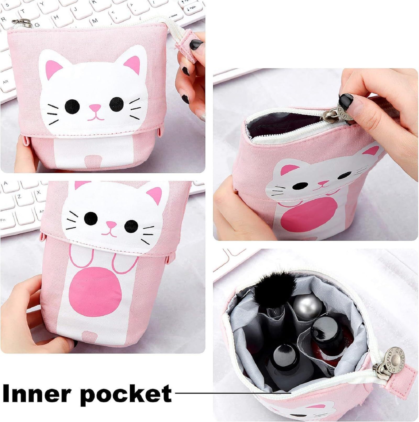 Outus 3 Pcs Standing Pencil Case, Gray, Black, White Cat