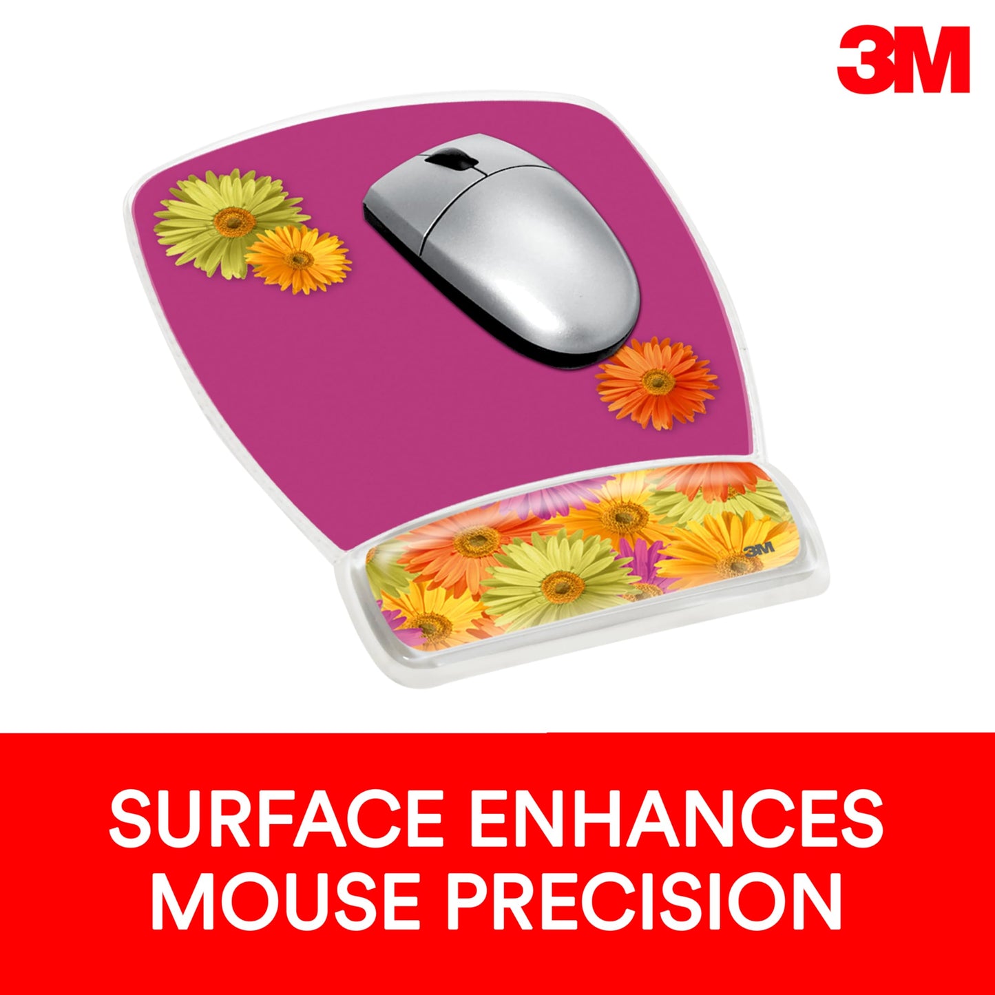 3M Gel Mousepad Wristrest, Clear Gel Daisy Design, 6.8 x 8.6 x 0.75 in