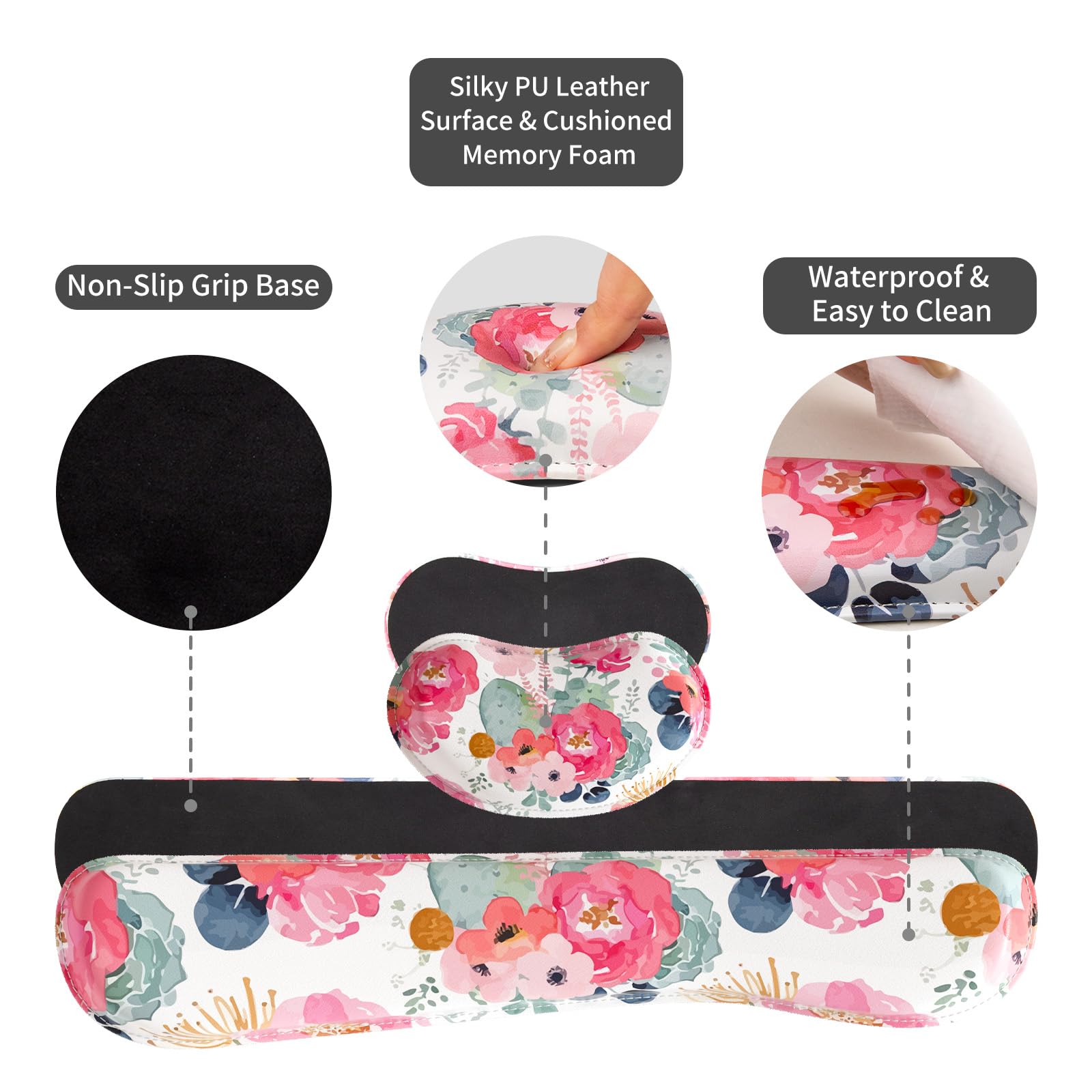 QiyI PU Leather Desk Mat Set, 4-in-1 Ergonomic Wrist Rest, Pink Flowers