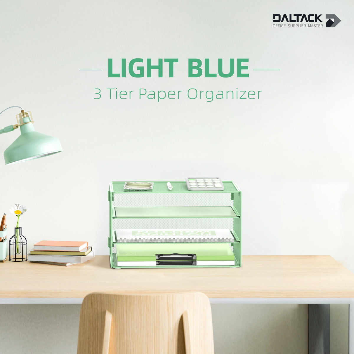 DALTACK 3 Tier Letter Tray Paper Organizer with Sliding Trays Mint Green