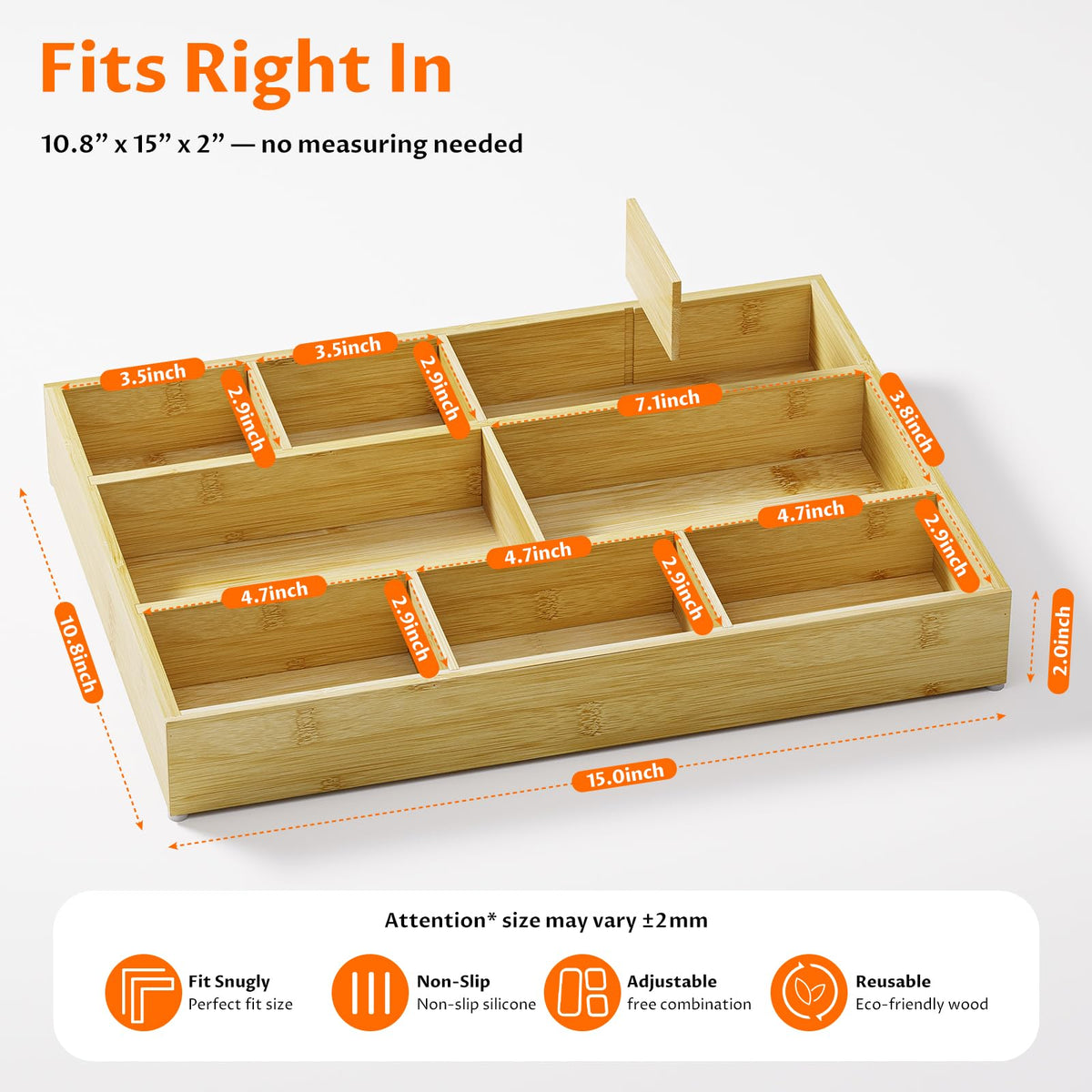 Bamboo Drawer Organizer with 9 Adjustable Compartments, Desk Storage Tray