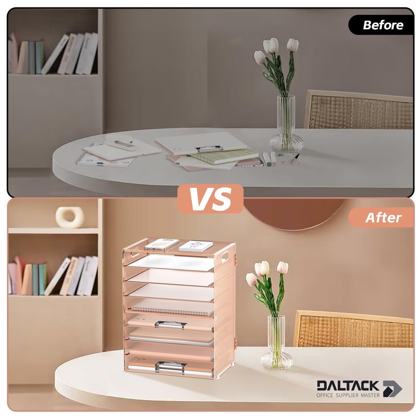 9-Tier Paper Organizer for Desk, Metal Letter Tray with Handles, Gold Rose