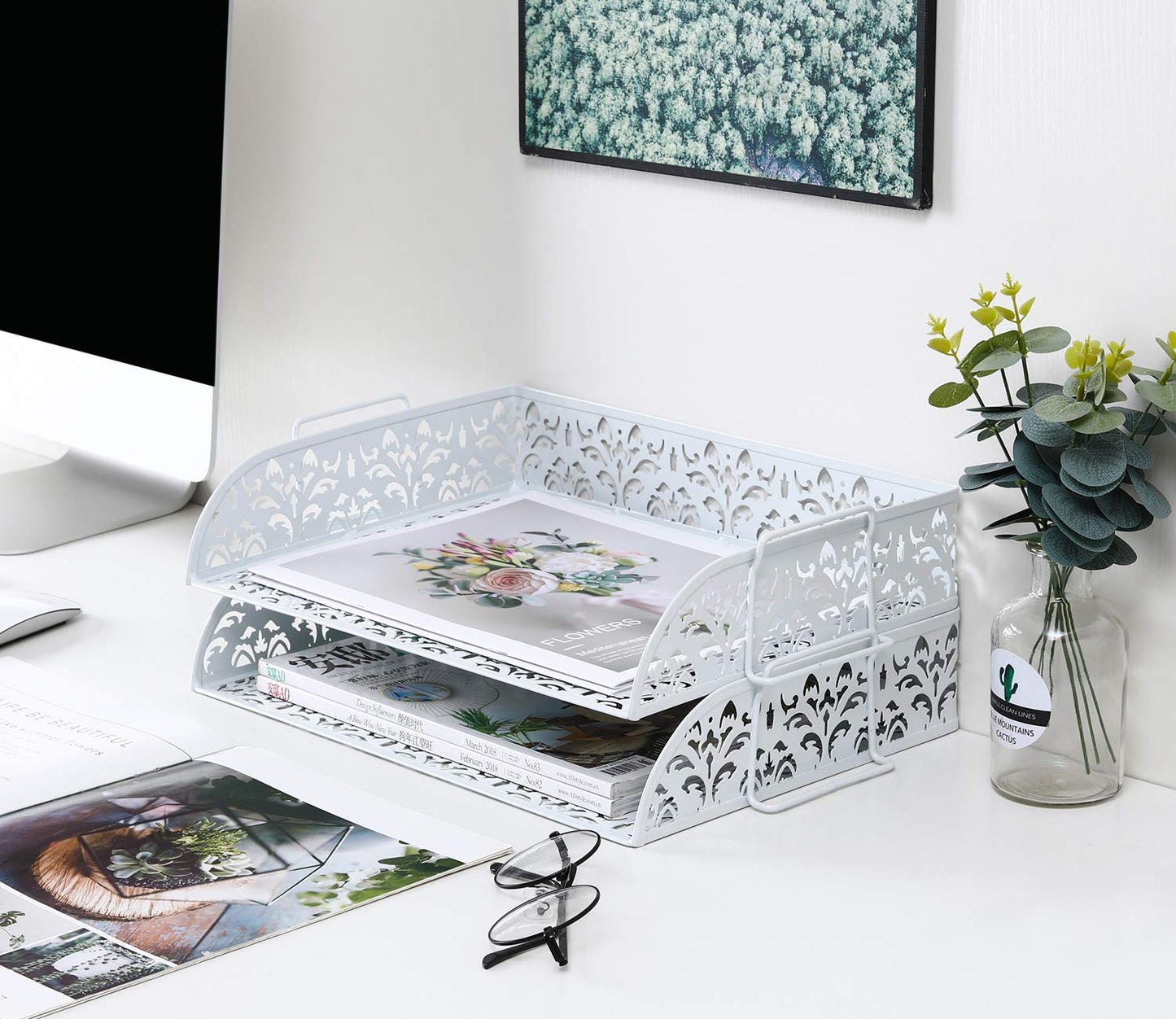 PAG-Mass 2 Tier Desktop File Organizer Metal Stackable Letter Tray Paper Holder Rack for Desk, White