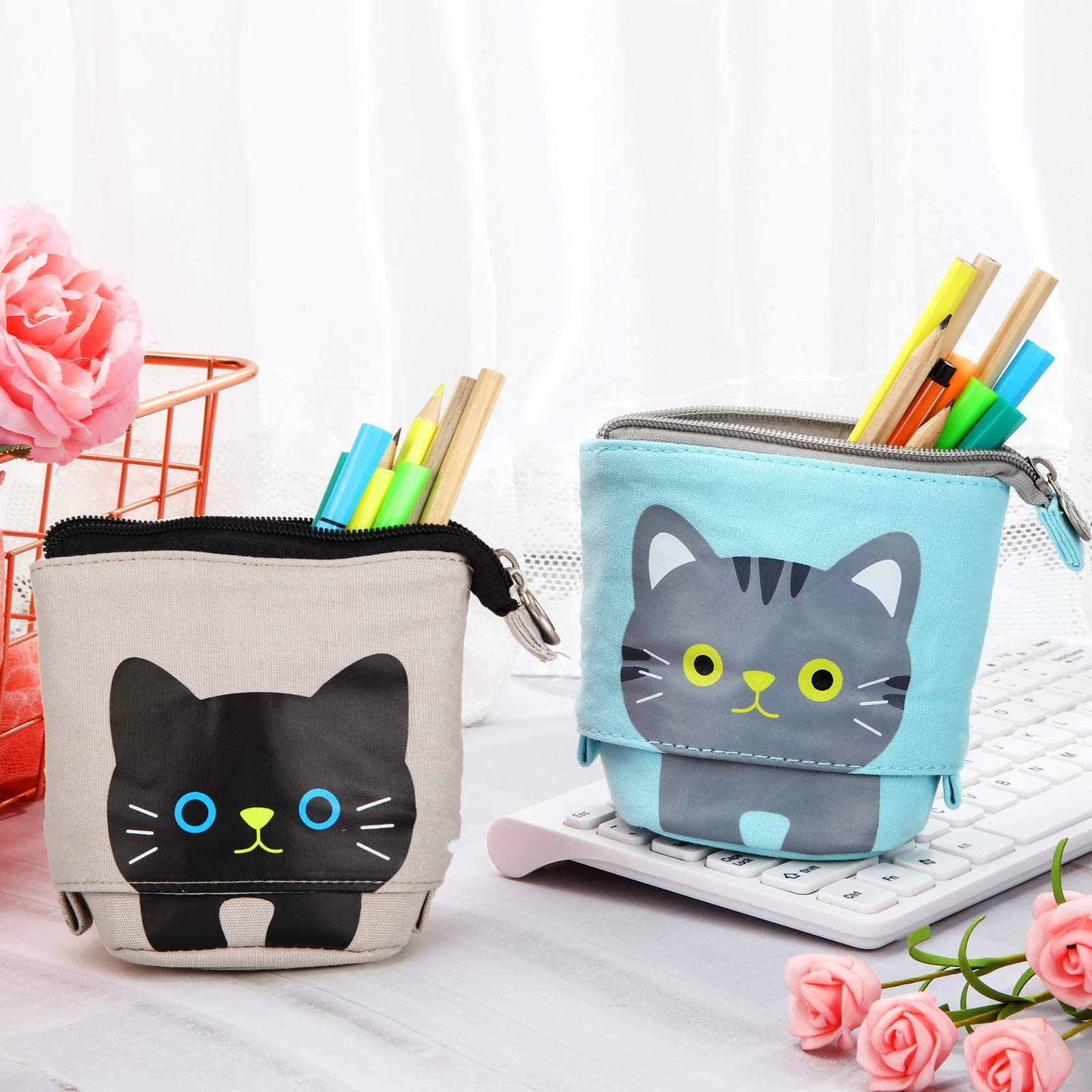 Zonon 4 Pieces Standing Pencil Case Cat Print Telescopic Pencil Case Stand up Pen Holder Canvas PU