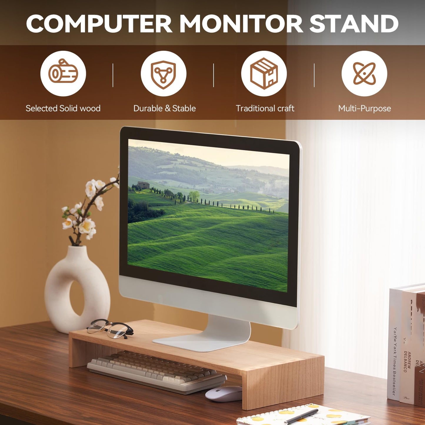 KIRIGEN Wood Monitor Stand Riser for Desk, 23.2 Inch, Natural 59-NA