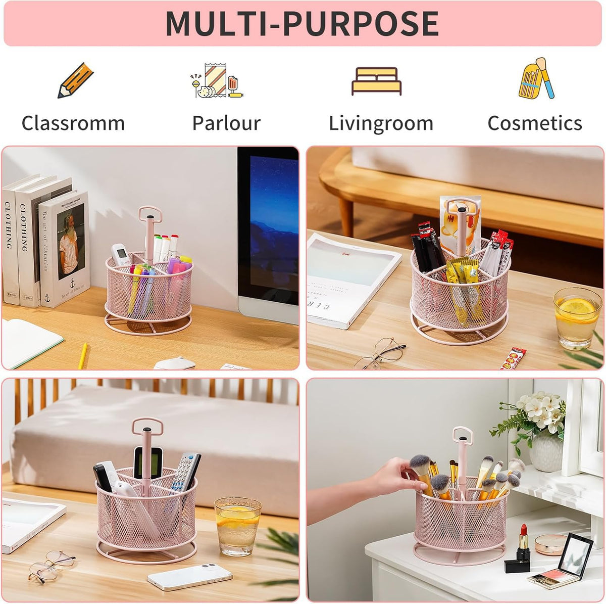 Marbrasse Mesh Desk Organizer, 360-Degree Rotating Multi-Functional Pen Holder, 4 Compartments