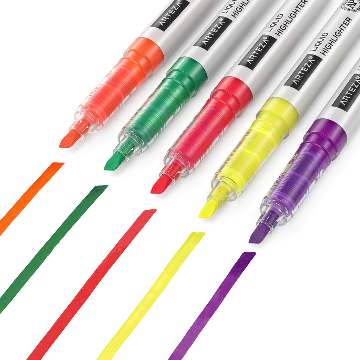 ARTEZA Liquid Highlighter Pens, Set of 30, Narrow Chisel Tip, 5 Assorted Colors