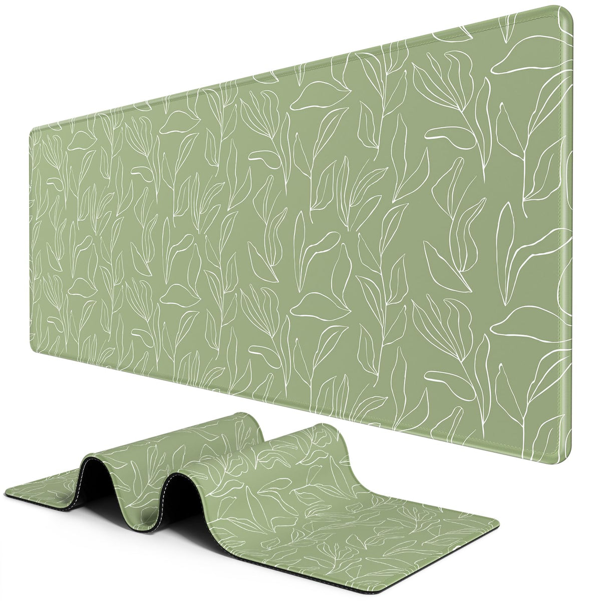 BosoBo Large Gaming Desktop Mat - XXL XXL Full Cover 35.5 x 15.7 Inches, Minimalist Green Leaf