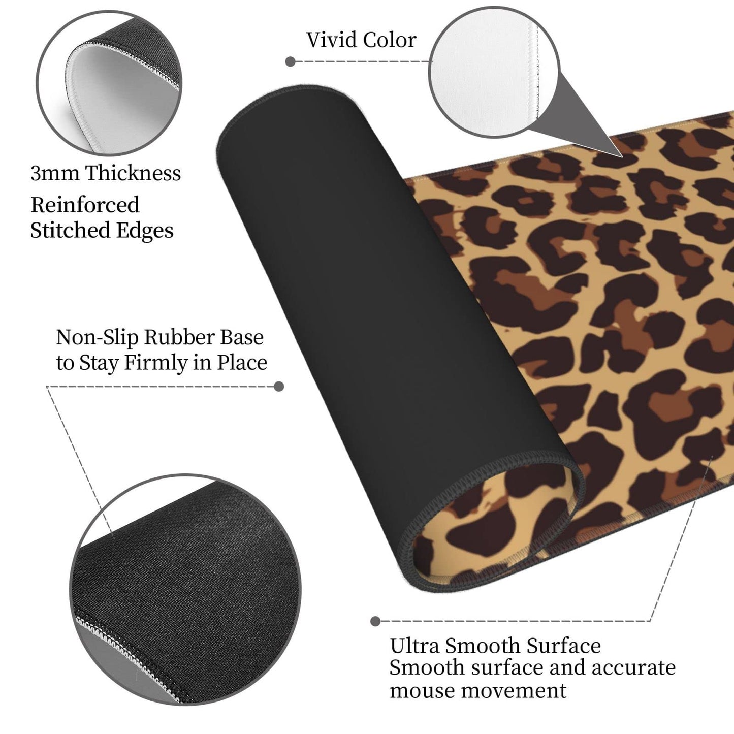 Leopard Print Gaming Mouse Pad Non Slip XL Large Mousepad Stitched Edge Rubber Base Desk Mat for