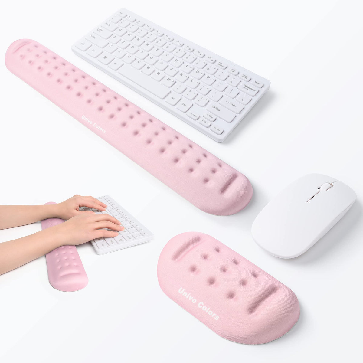 UnivoColors Pink Keyboard Wrist Support and Mouse Wrist Rest Set, Made of Memory Foam Soft Gel