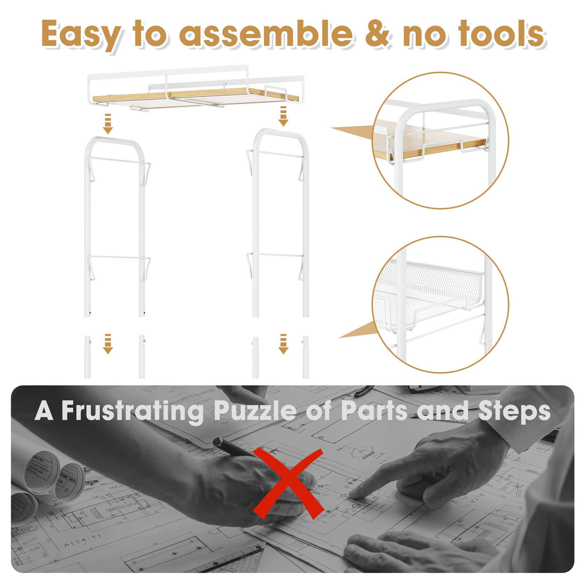 TOOLF 4-Tier Rolling Cart, Metal Utility Cart, Slide Out Storage Cart with Wooden Tabletop and Mesh