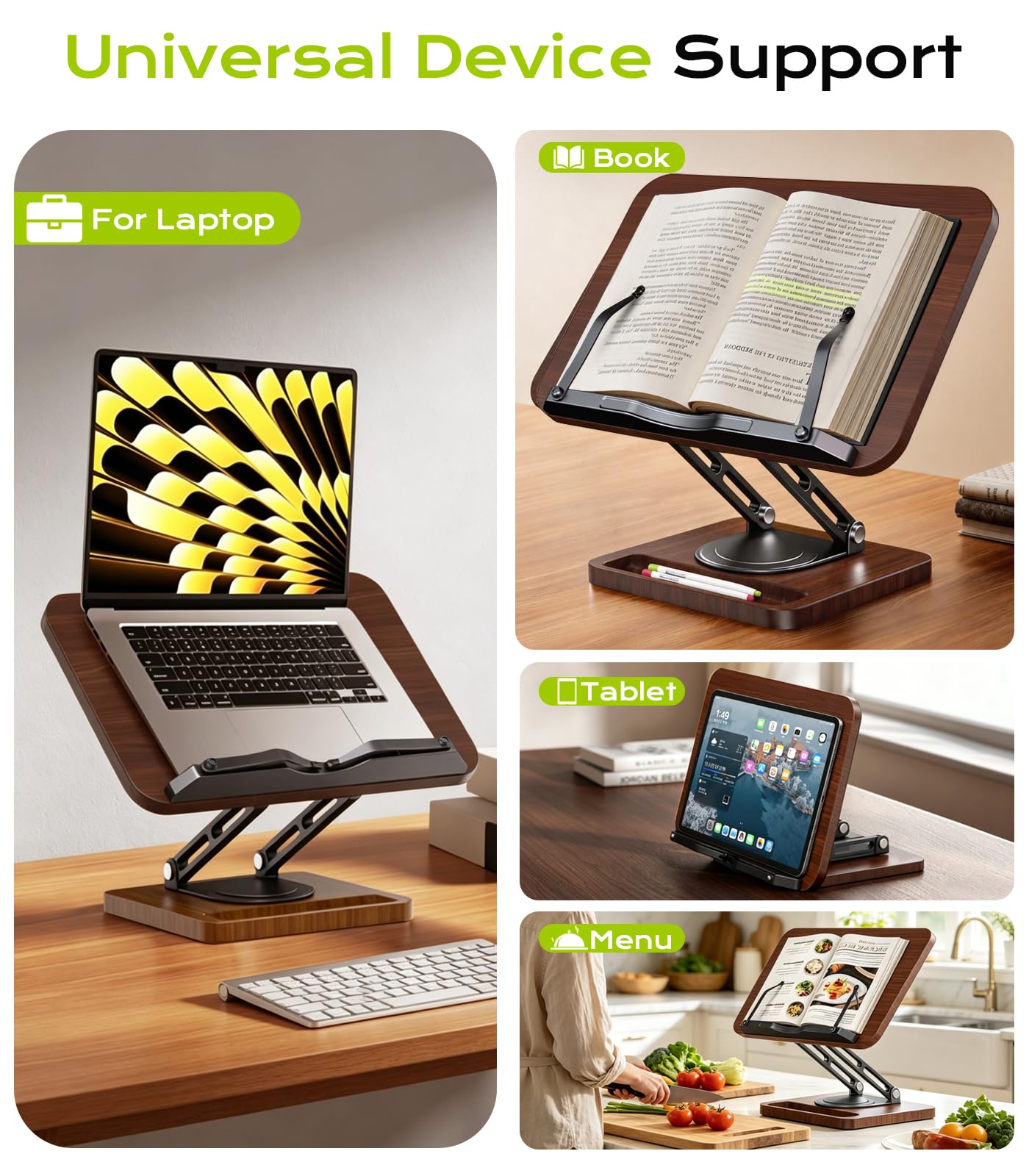 LOXP Book Stand with Storage, 360° Rotating Cookbook Stand, Ergonomic